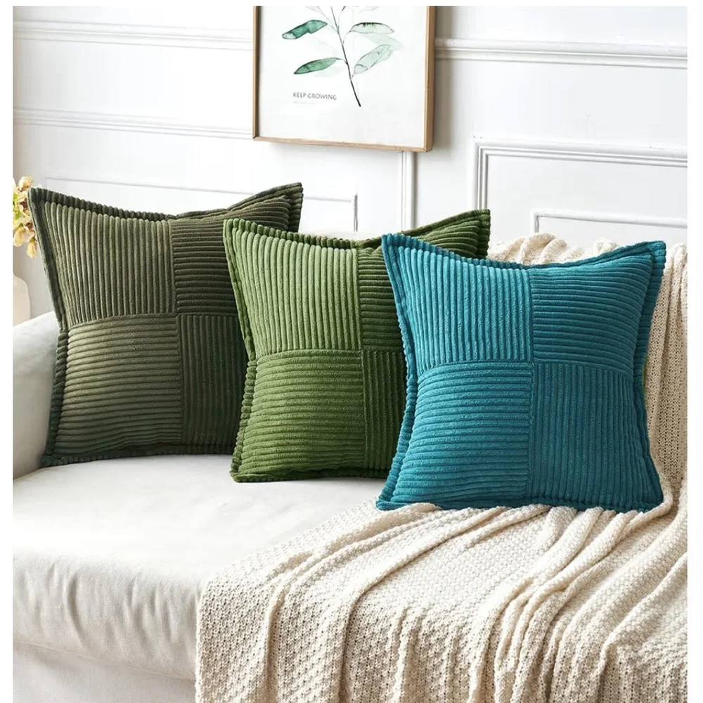 ‘Car Home Office Outdoors’ Striped Patchwork Corduroy Pillow Covers TEAL BLUE